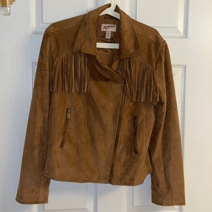 Tan faux suede moto fringe jacket